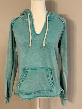 Ocean Drive Teal V-Neck Hooded Pullover with Kangaroo Pocket